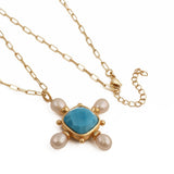 Handcrafted Faceted Turquoise Gemstone, Cross Necklace with Freshwater Pearls 5406