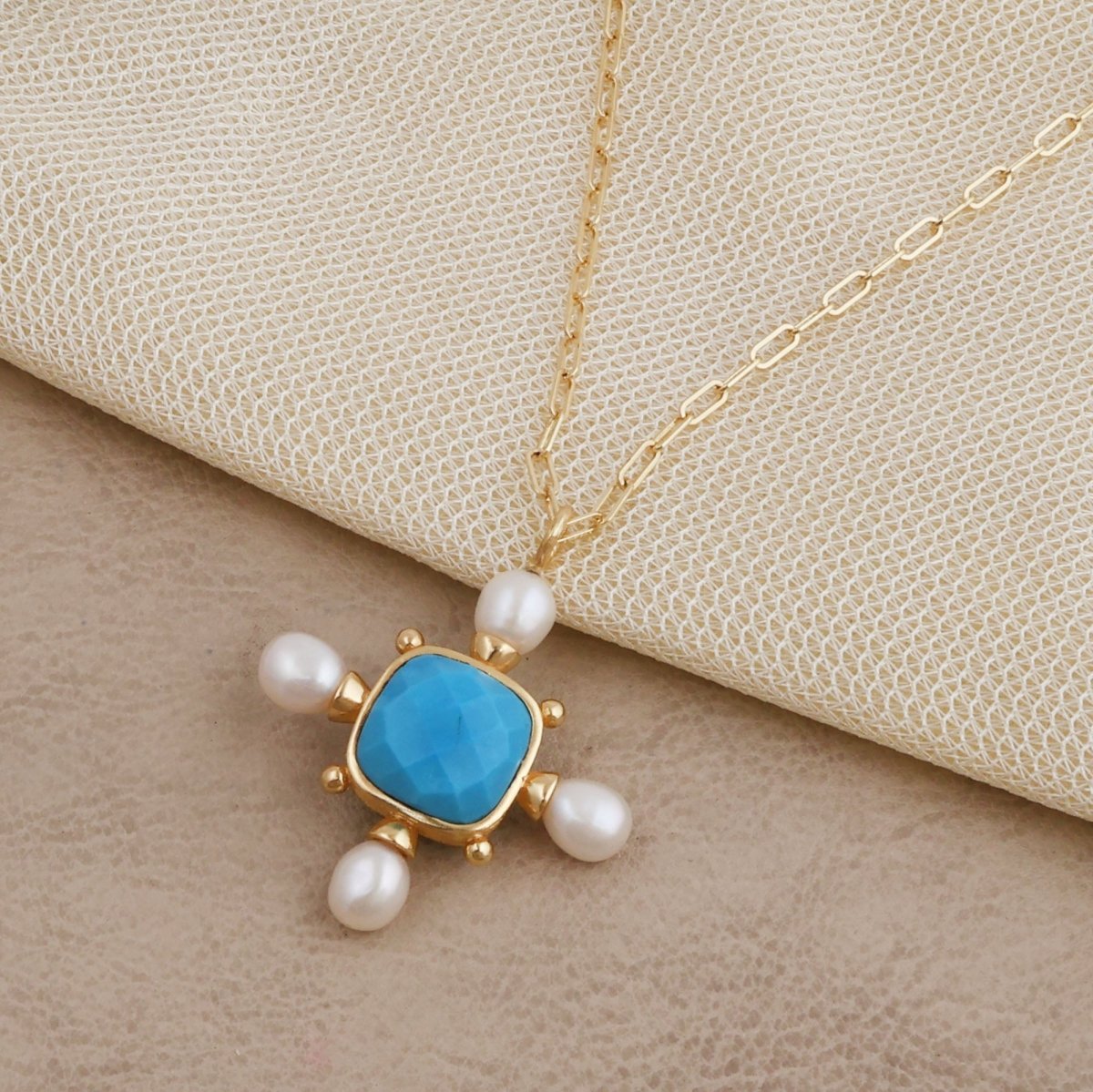 Handcrafted Faceted Turquoise Gemstone, Cross Necklace with Freshwater Pearls 5406