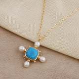 Handcrafted Faceted Turquoise Gemstone, Cross Necklace with Freshwater Pearls 5406