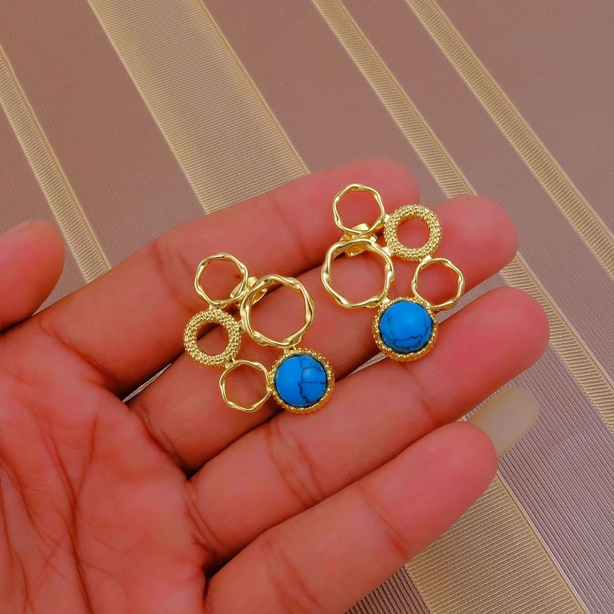 Handcrafted Gold Plated Circle Studs with Iolite Gemstone CE - 1017