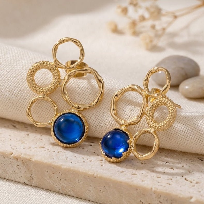 Handcrafted Gold Plated Circle Studs with Iolite Gemstone CE - 1017