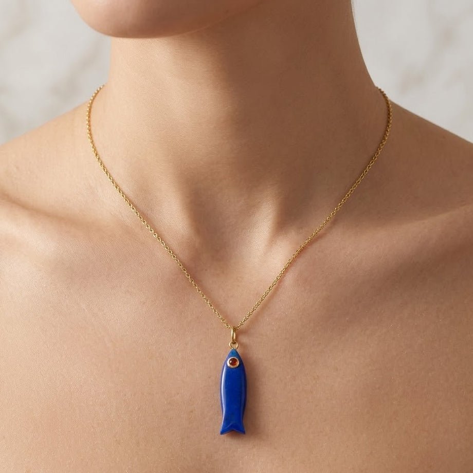 Handcrafted Gold-Plated Fish Pendant with Natural Gemstones, Minimalistic Jewelry 5287