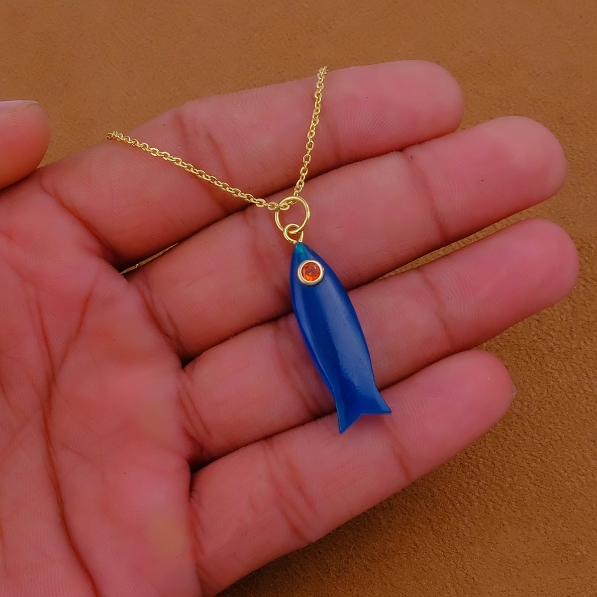 Handcrafted Gold-Plated Fish Pendant with Natural Gemstones, Minimalistic Jewelry 5287