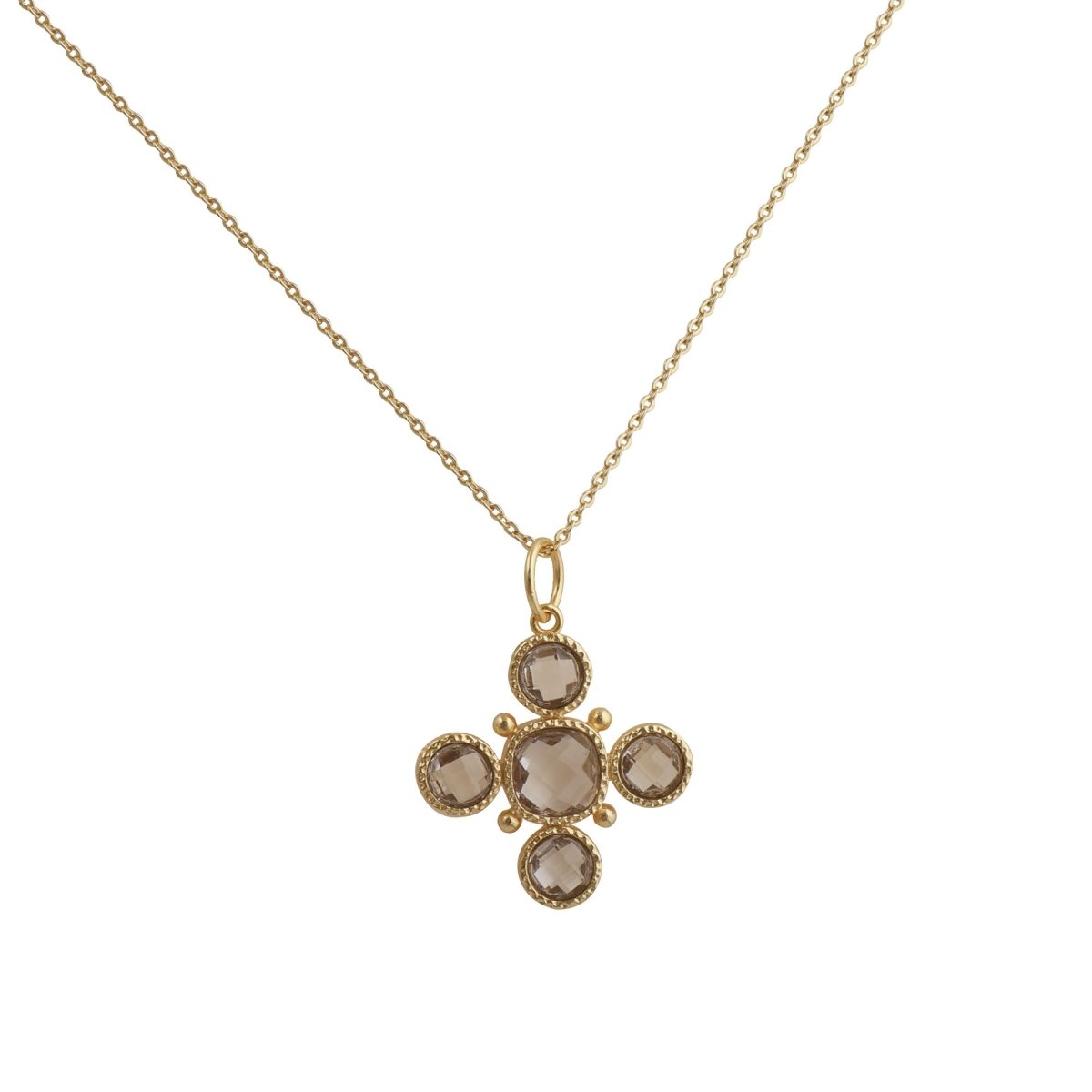 Handcrafted Green Onyx Floral Cross Pendant Necklace in Gold Plated Brass 5388