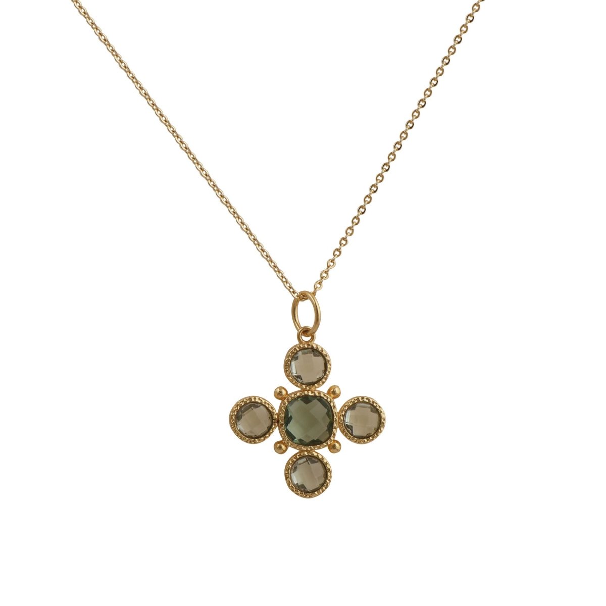 Handcrafted Green Onyx Floral Cross Pendant Necklace in Gold Plated Brass 5388
