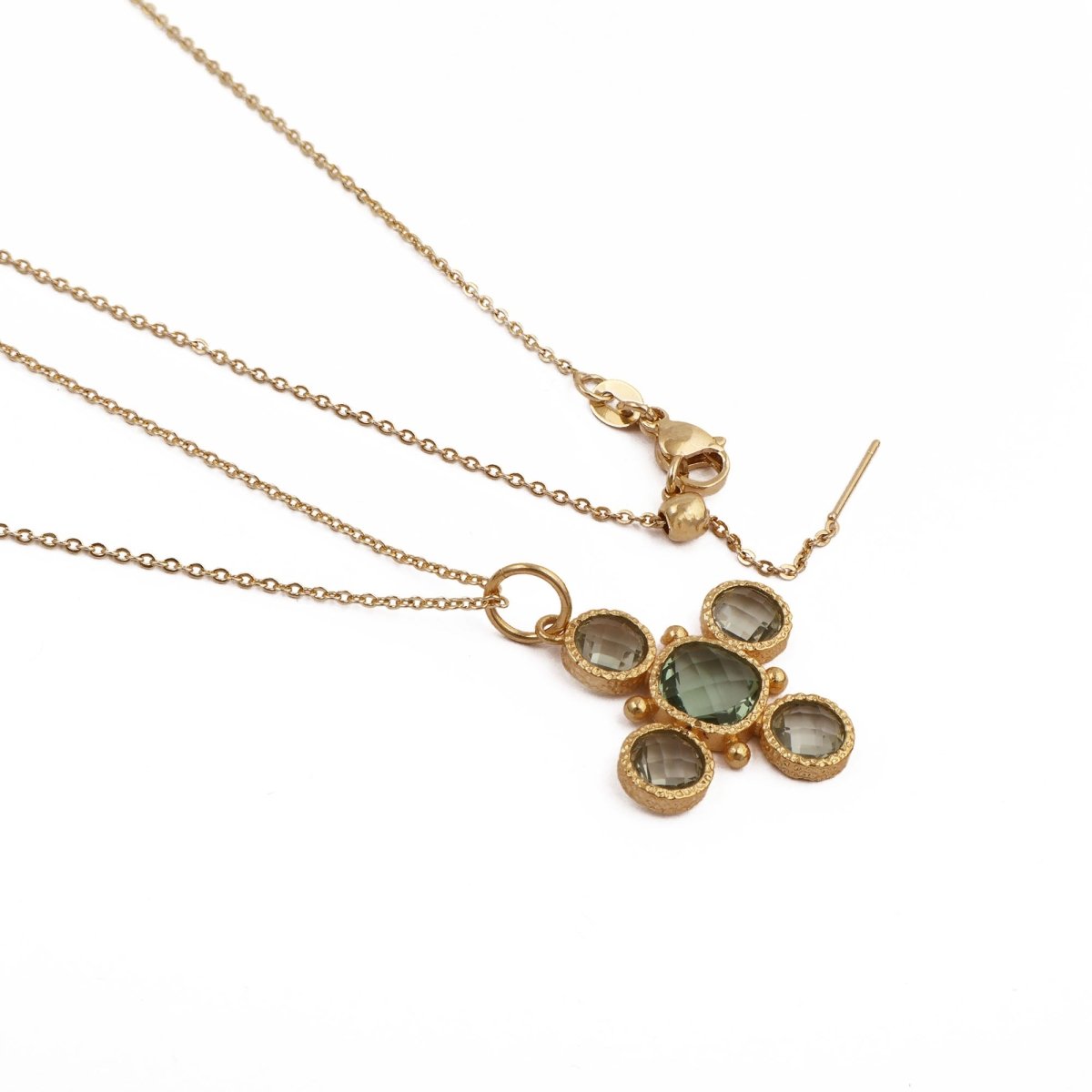 Handcrafted Green Onyx Floral Cross Pendant Necklace in Gold Plated Brass 5388