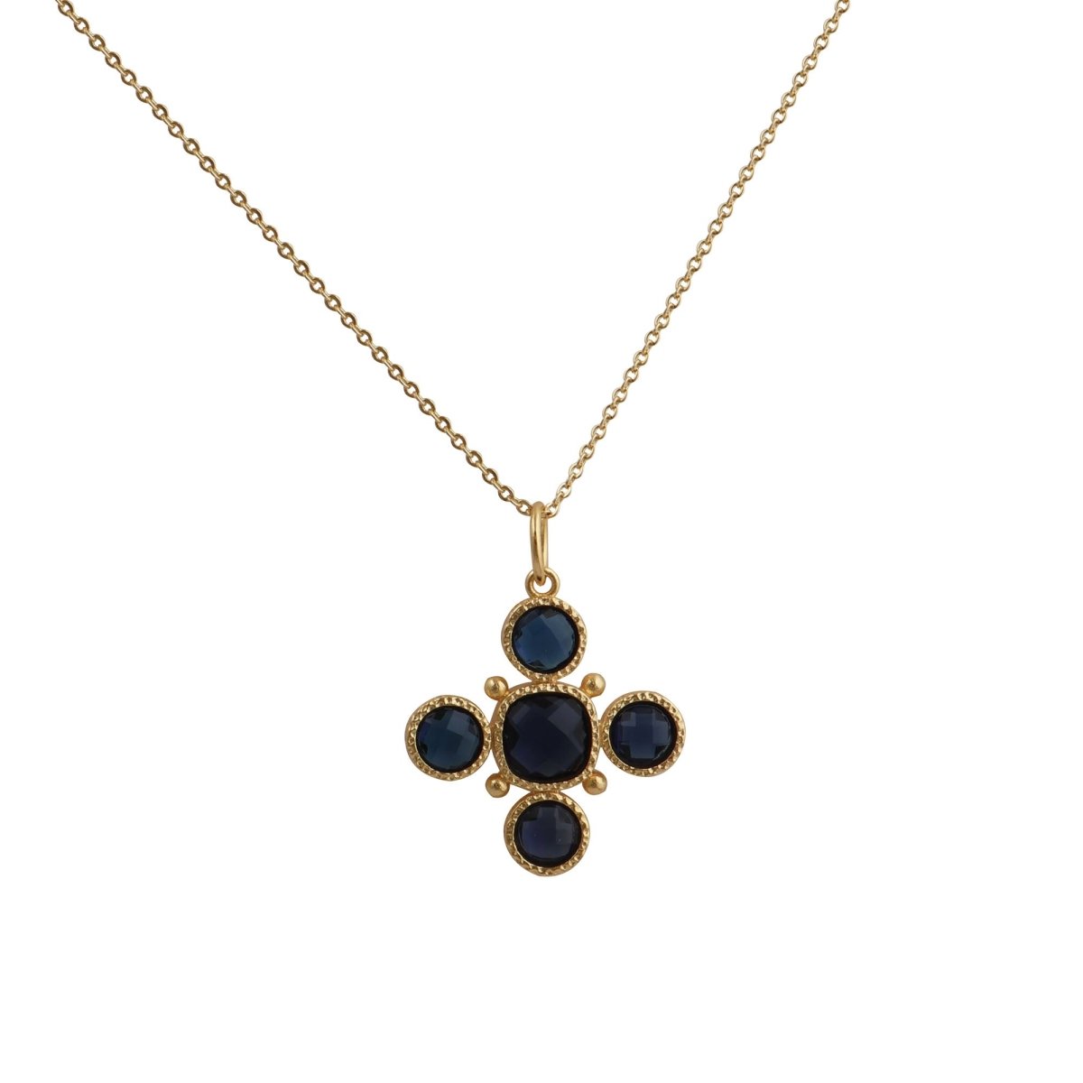 Handcrafted Green Onyx Floral Cross Pendant Necklace in Gold Plated Brass 5388
