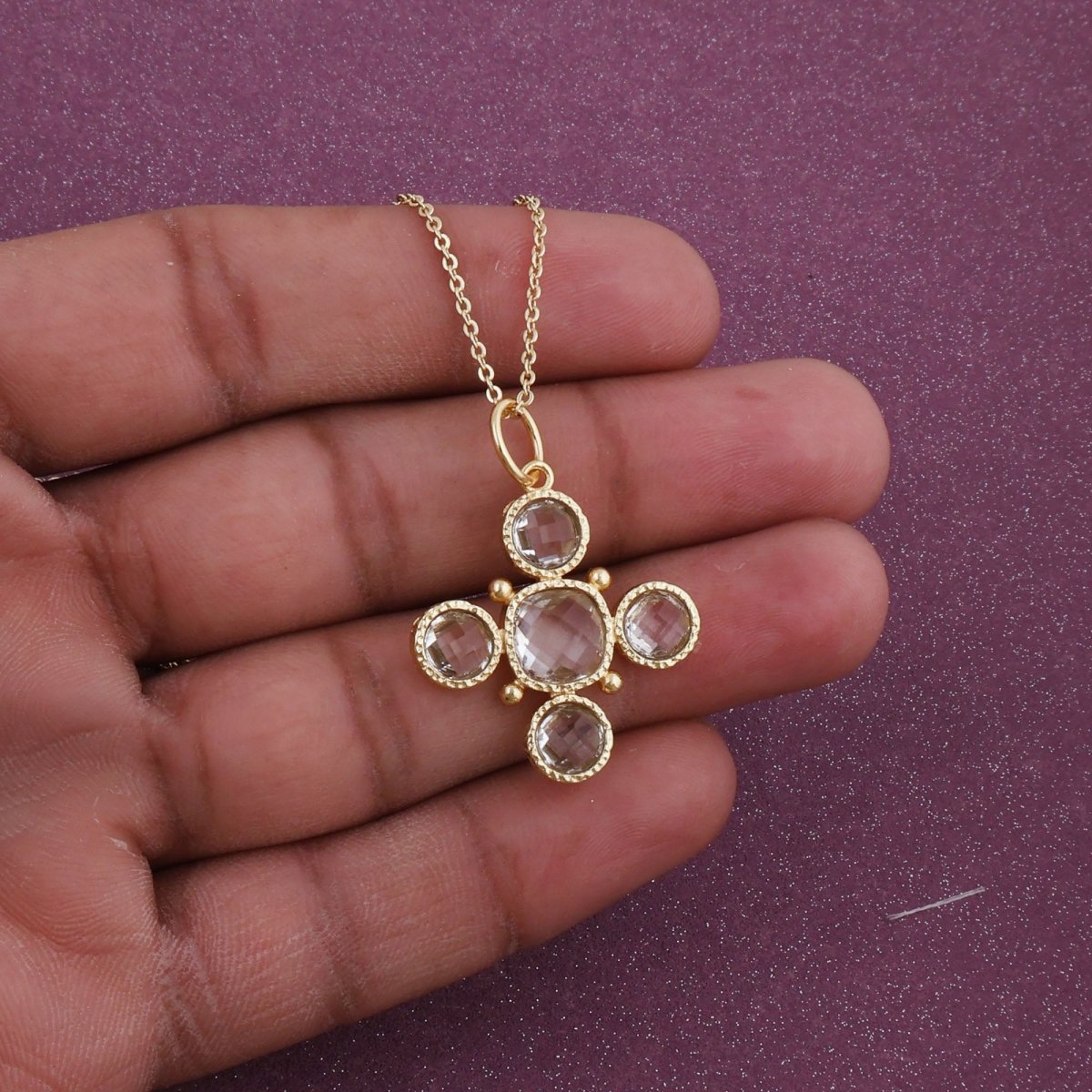 Handcrafted Green Onyx Floral Cross Pendant Necklace in Gold Plated Brass 5388
