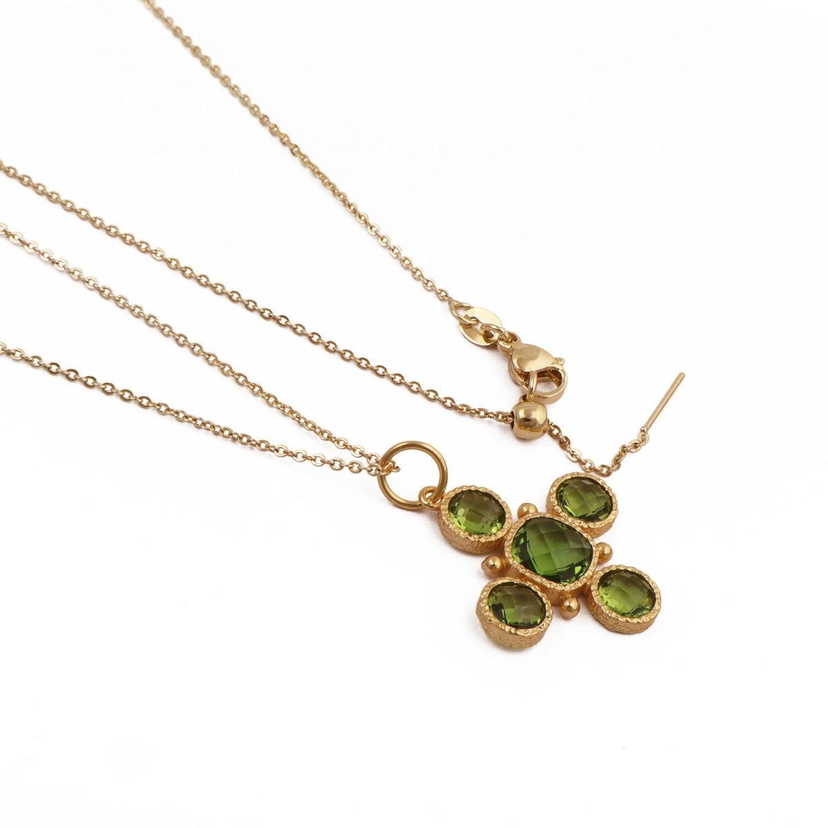 Handcrafted Green Onyx Floral Cross Pendant Necklace in Gold Plated Brass 5388