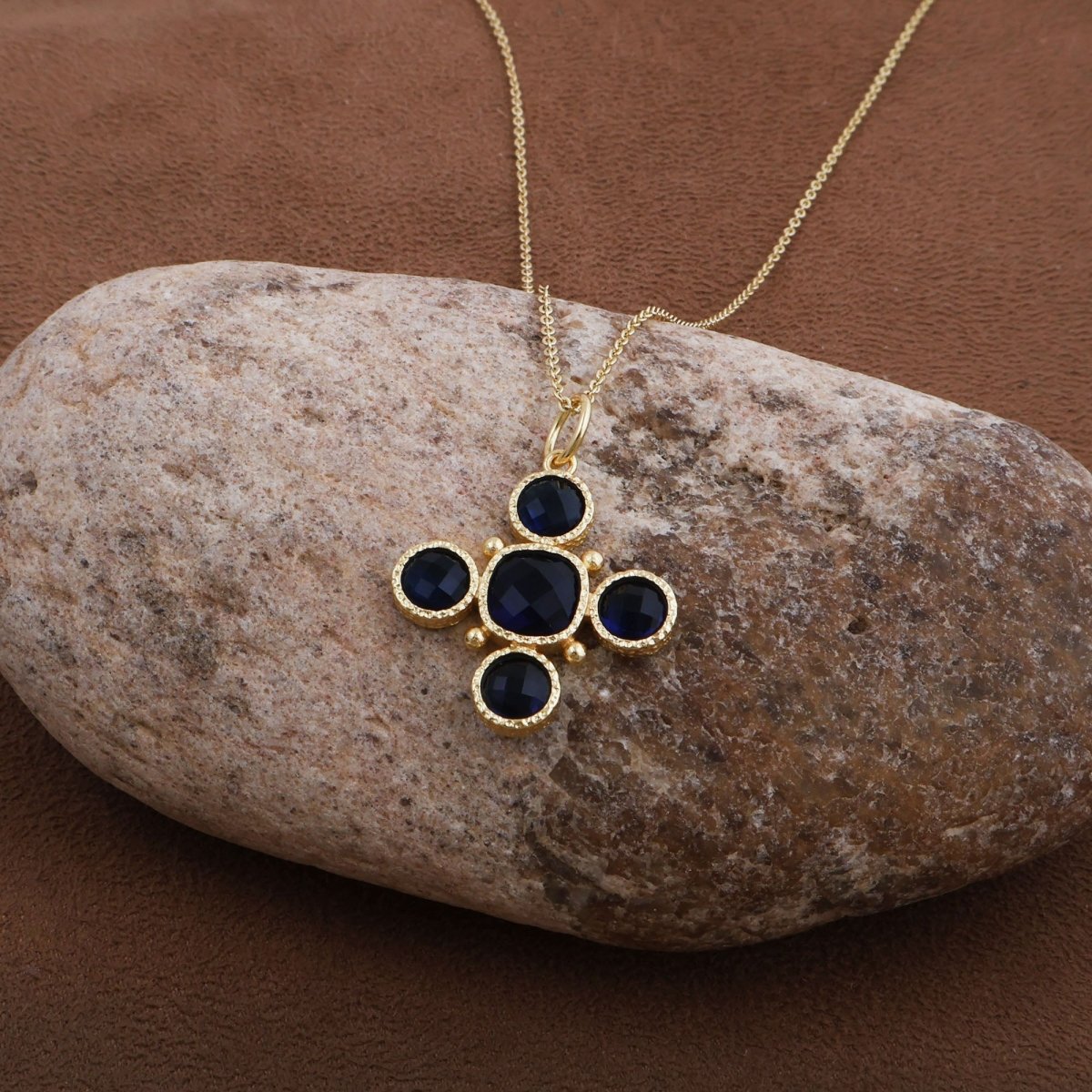 Handcrafted Green Onyx Floral Cross Pendant Necklace in Gold Plated Brass 5388