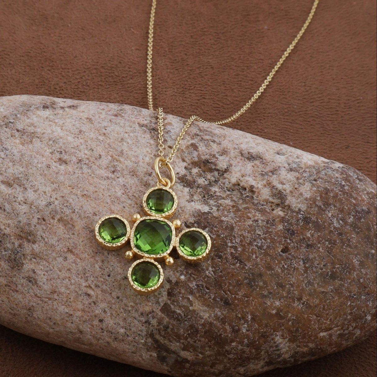 Handcrafted Green Onyx Floral Cross Pendant Necklace in Gold Plated Brass 5388 Peridot