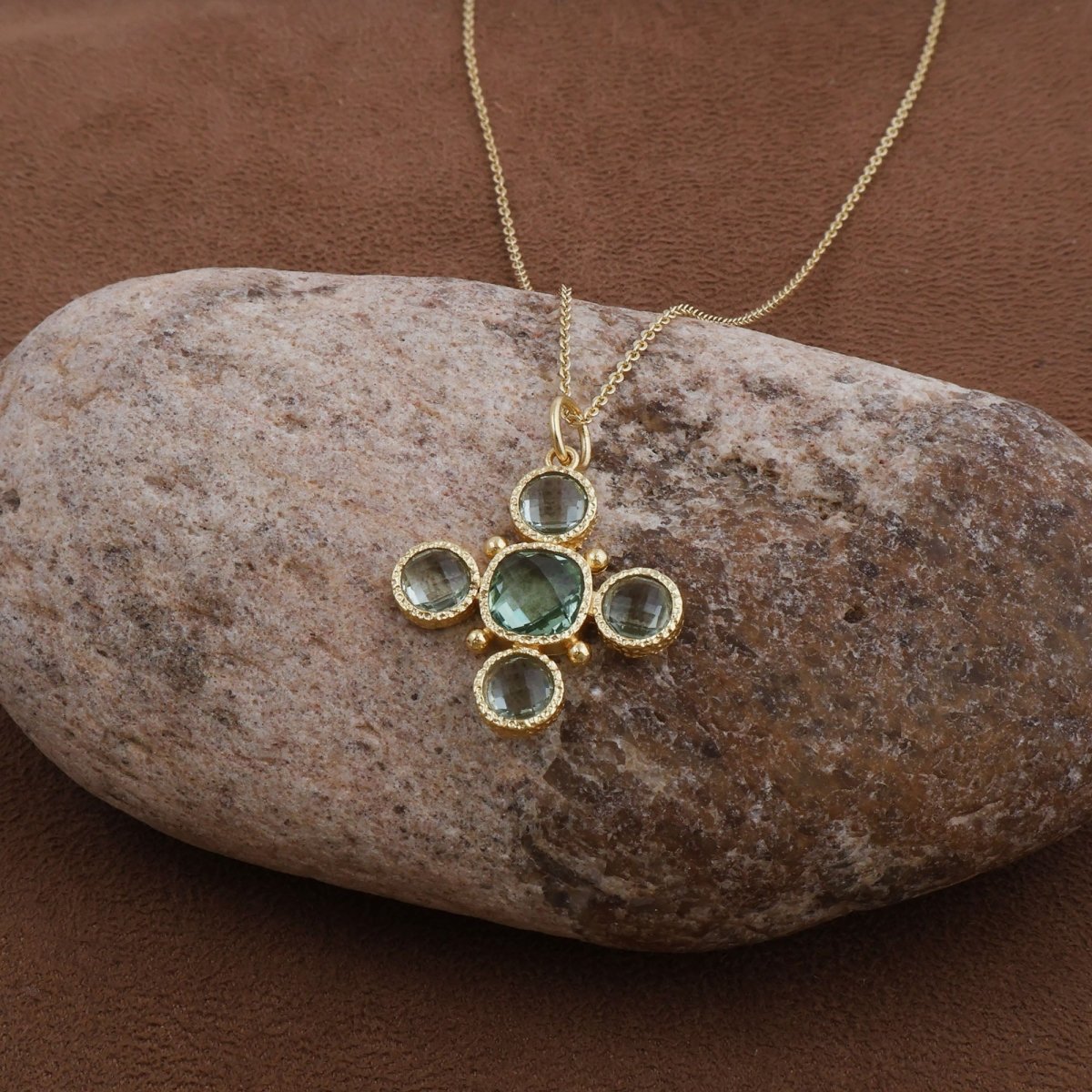 Handcrafted Green Onyx Floral Cross Pendant Necklace in Gold Plated Brass 5388