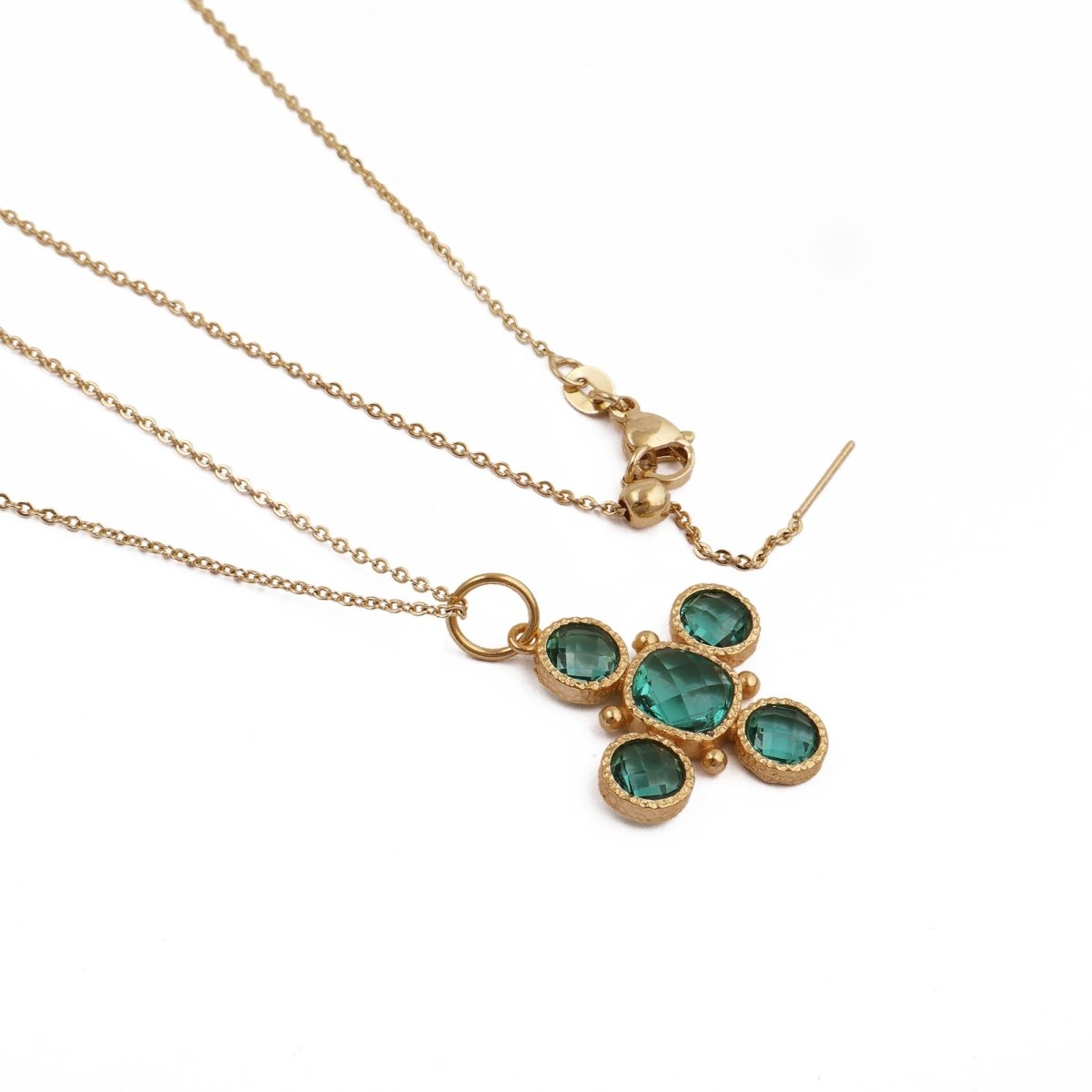 Handcrafted Green Onyx Floral Cross Pendant Necklace in Gold Plated Brass 5388