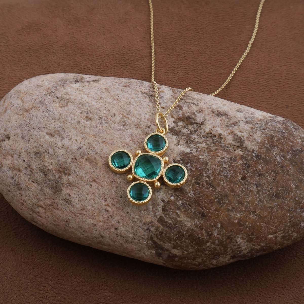 Handcrafted Green Onyx Floral Cross Pendant Necklace in Gold Plated Brass 5388