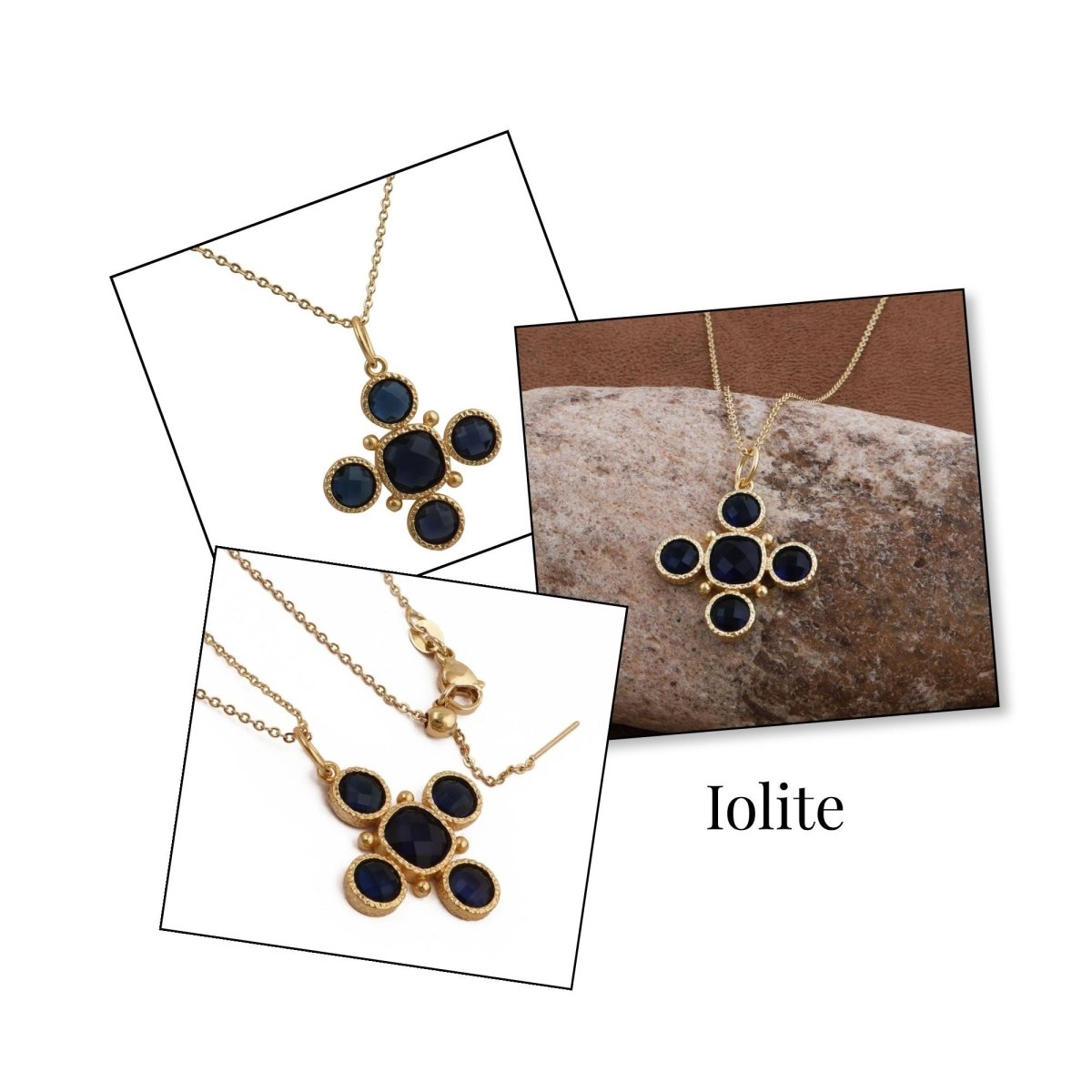 Handcrafted Green Onyx Floral Cross Pendant Necklace in Gold Plated Brass 5388 Iolite