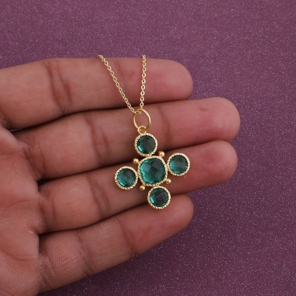 Handcrafted Green Onyx Floral Cross Pendant Necklace in Gold Plated Brass 5388