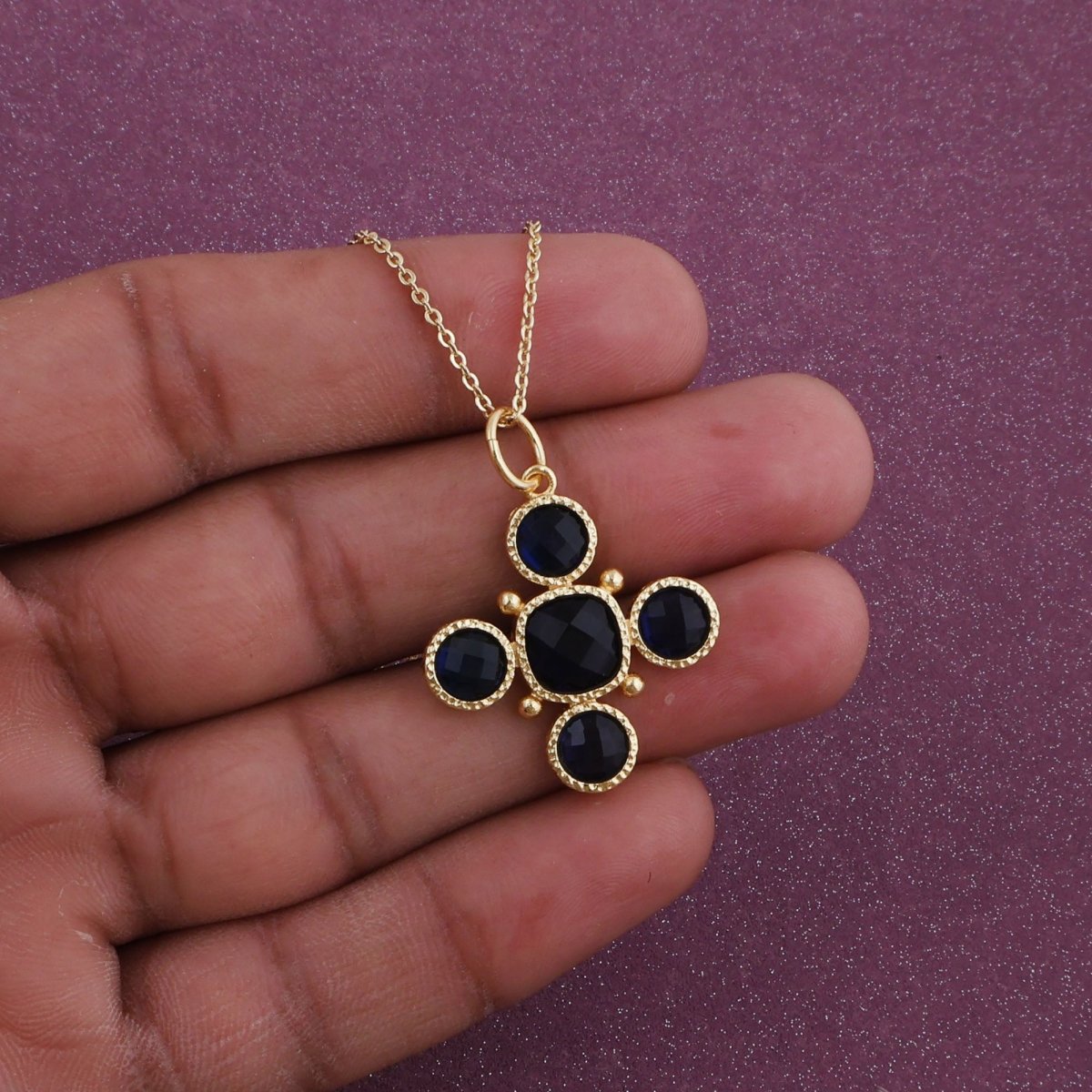 Handcrafted Green Onyx Floral Cross Pendant Necklace in Gold Plated Brass 5388