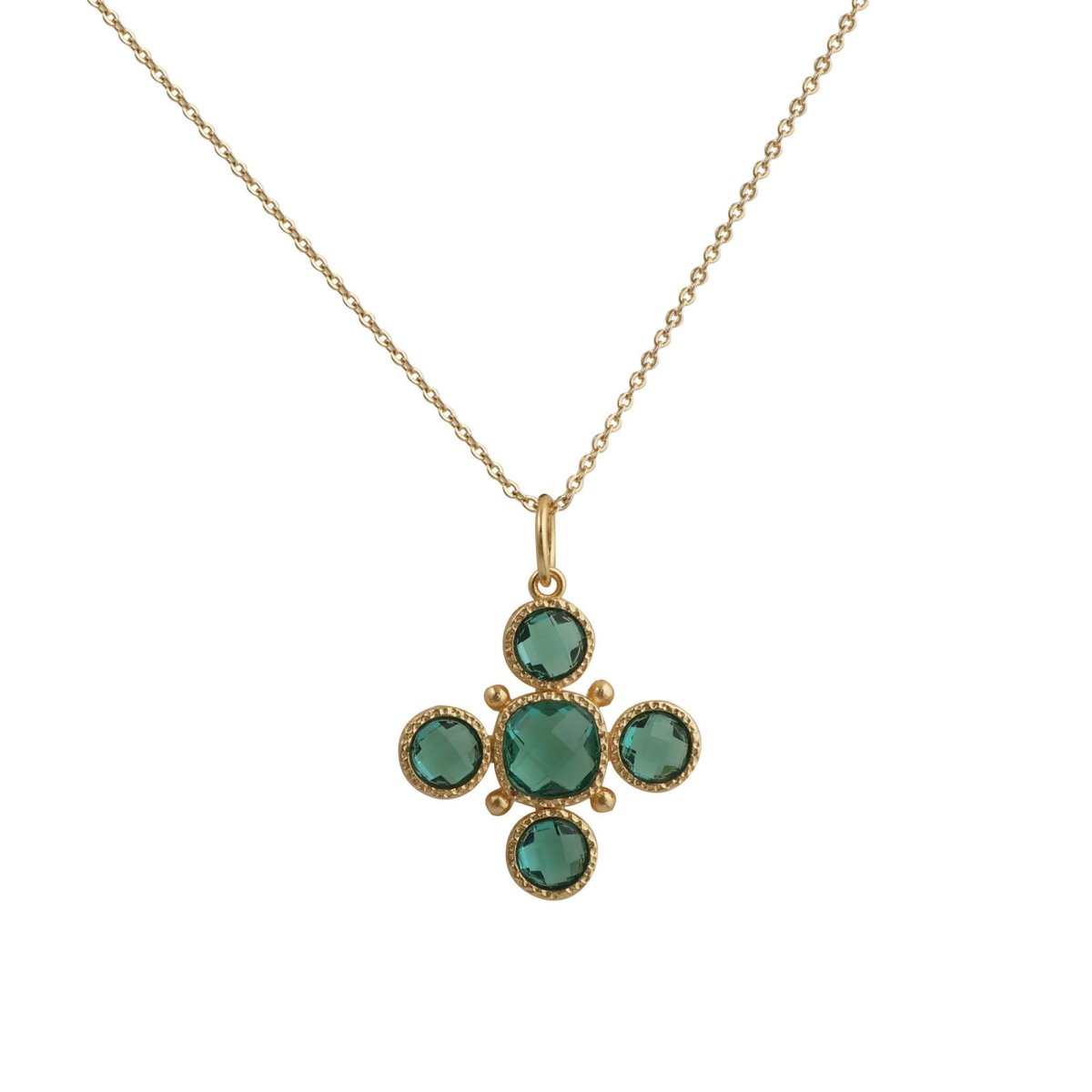 Handcrafted Green Onyx Floral Cross Pendant Necklace in Gold Plated Brass 5388