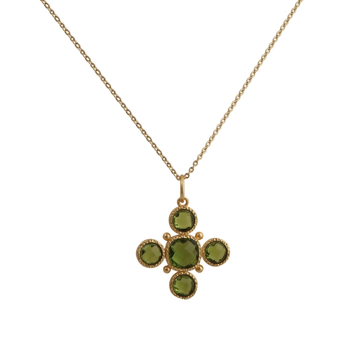 Handcrafted Green Onyx Floral Cross Pendant Necklace in Gold Plated Brass 5388