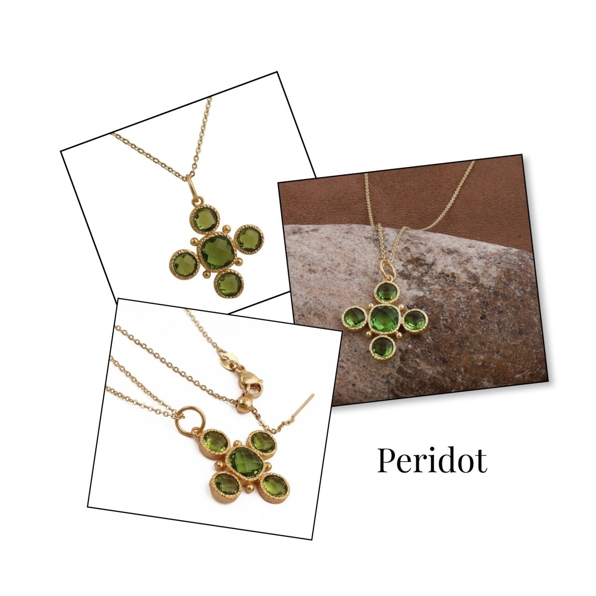 Handcrafted Green Onyx Floral Cross Pendant Necklace in Gold Plated Brass 5388
