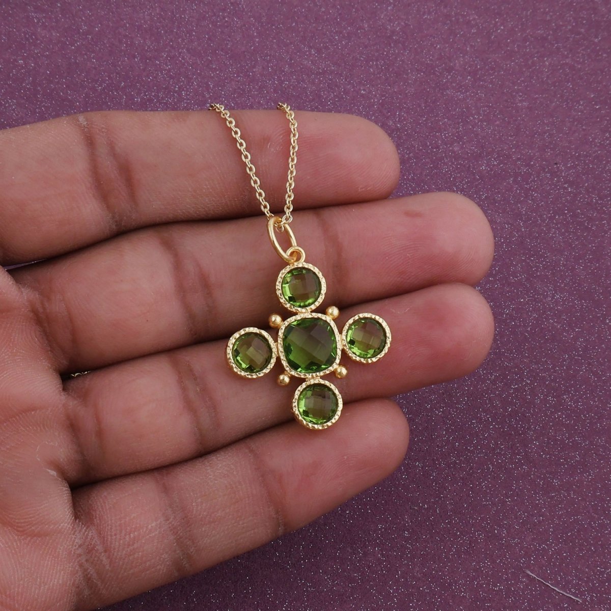 Handcrafted Green Onyx Floral Cross Pendant Necklace in Gold Plated Brass 5388