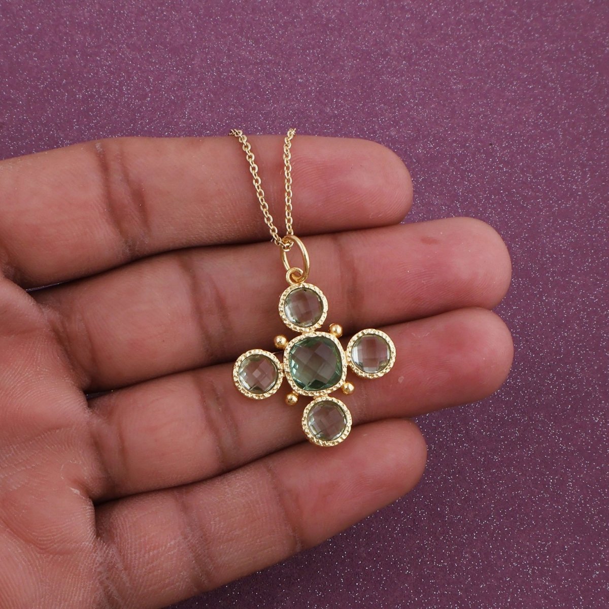 Handcrafted Green Onyx Floral Cross Pendant Necklace in Gold Plated Brass 5388