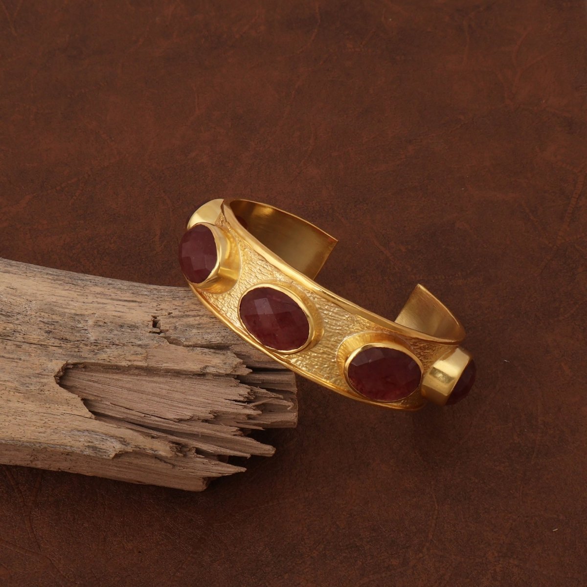 Handcrafted Pink Strawberry Quartz Stone Bracelet, Gold Plated Statement Cuff 5440