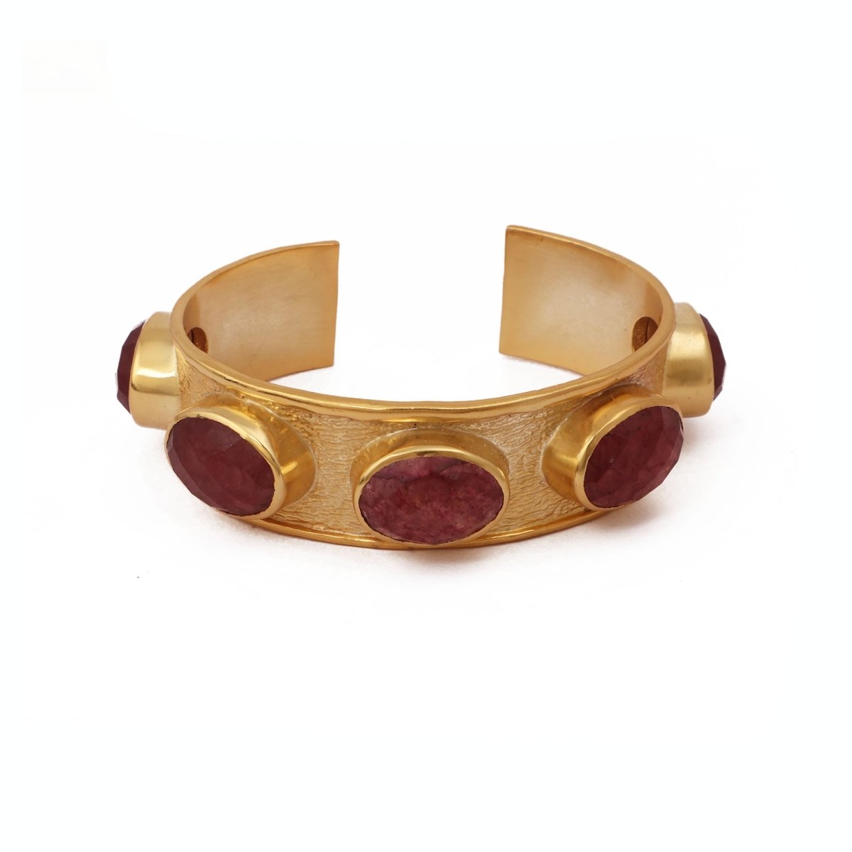Handcrafted Pink Strawberry Quartz Stone Bracelet, Gold Plated Statement Cuff 5440