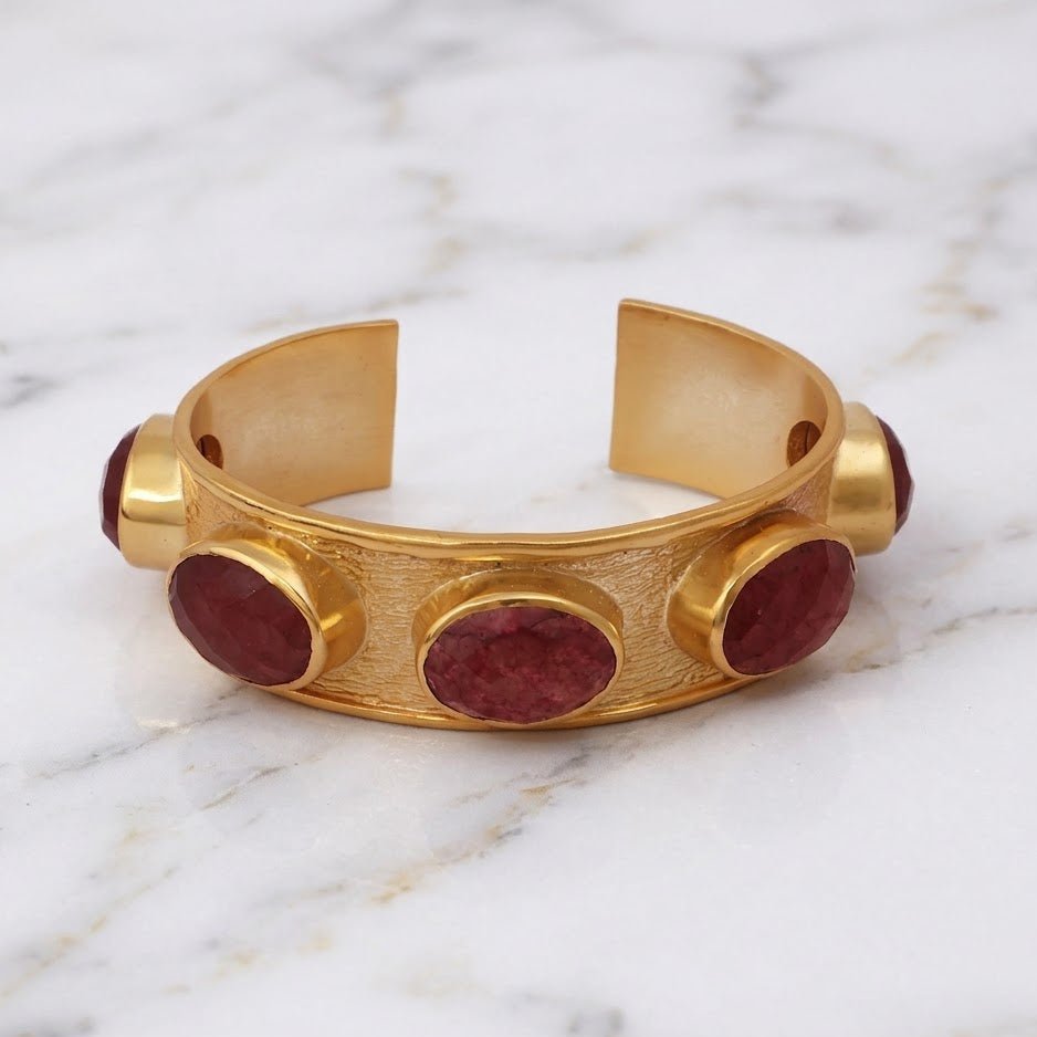 Handcrafted Pink Strawberry Quartz Stone Bracelet, Gold Plated Statement Cuff 5440