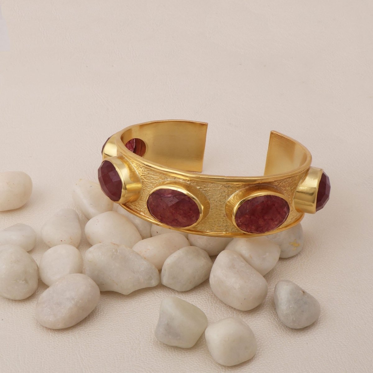 Handcrafted Pink Strawberry Quartz Stone Bracelet, Gold Plated Statement Cuff 5440
