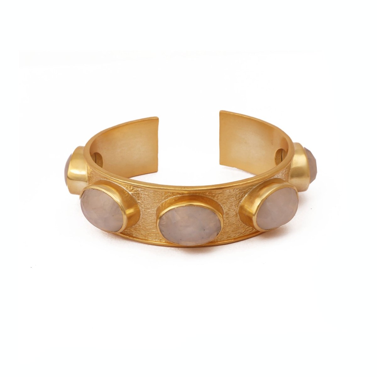 Handcrafted Rainbow Moonstone Gemstone Cuff, Gold - Plated Textured Brass Bangle 5440