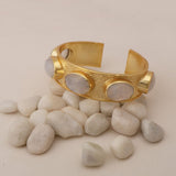 Handcrafted Rainbow Moonstone Gemstone Cuff, Gold - Plated Textured Brass Bangle 5440