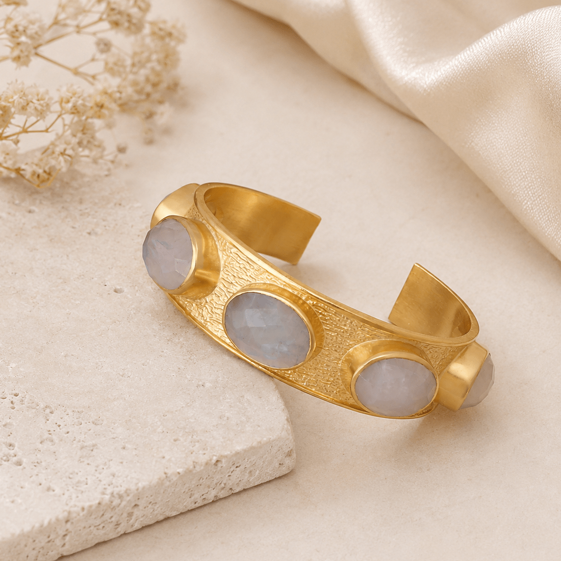 Handcrafted Rainbow Moonstone Gemstone Cuff, Gold - Plated Textured Brass Bangle 5440