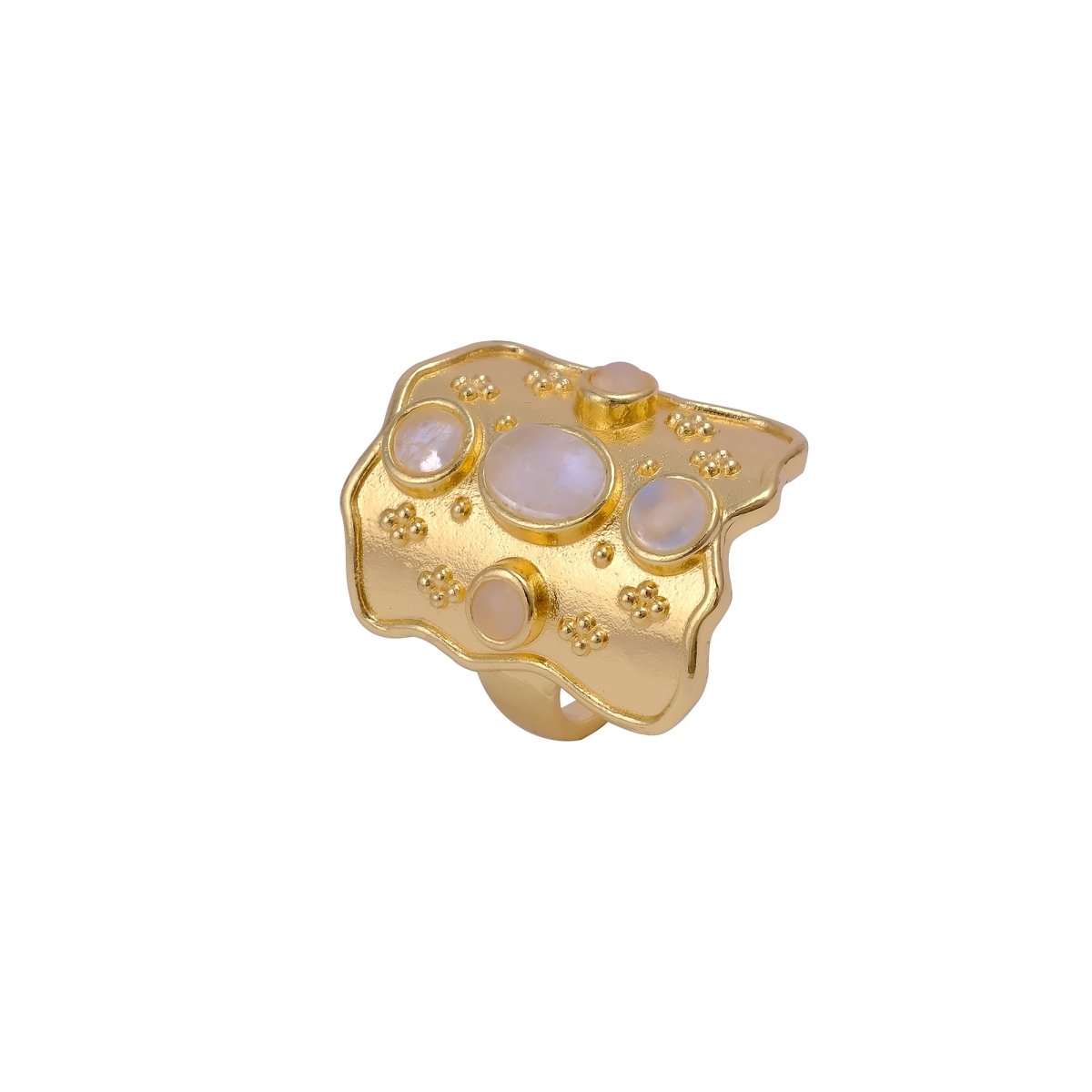 Handcrafted Rainbow Moonstone Statement Ring in Textured Gold, Birthstone Band CR - 1014