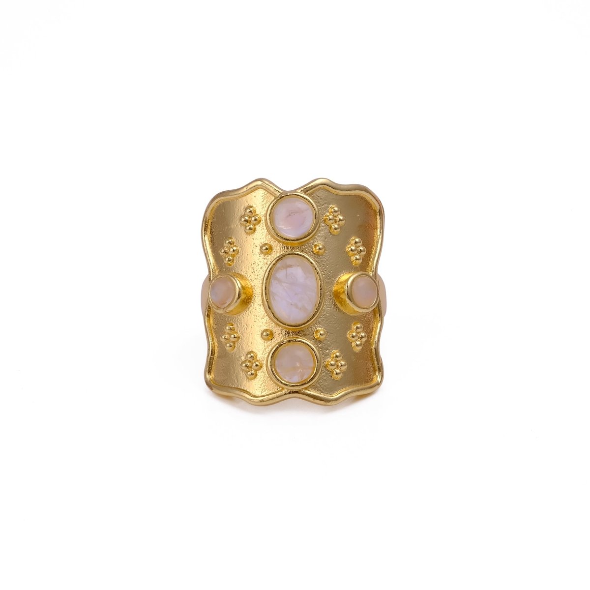 Handcrafted Rainbow Moonstone Statement Ring in Textured Gold, Birthstone Band CR - 1014
