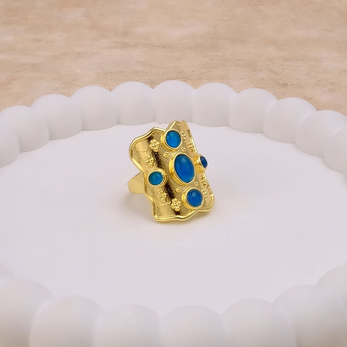 Handcrafted Rainbow Moonstone Statement Ring in Textured Gold, Birthstone Band CR - 1014