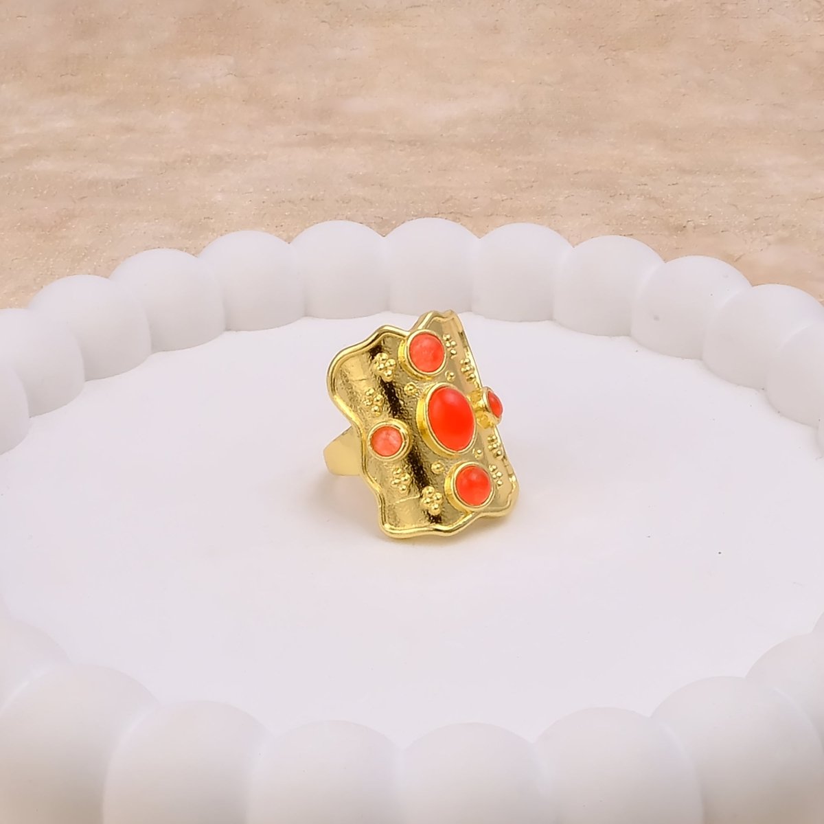 Handcrafted Rainbow Moonstone Statement Ring in Textured Gold, Birthstone Band CR - 1014