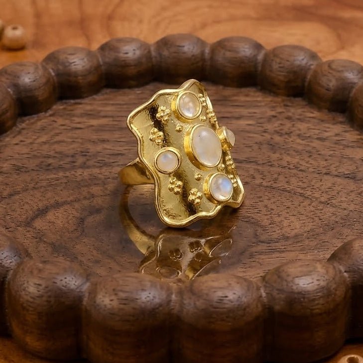 Handcrafted Rainbow Moonstone Statement Ring in Textured Gold, Birthstone Band CR - 1014
