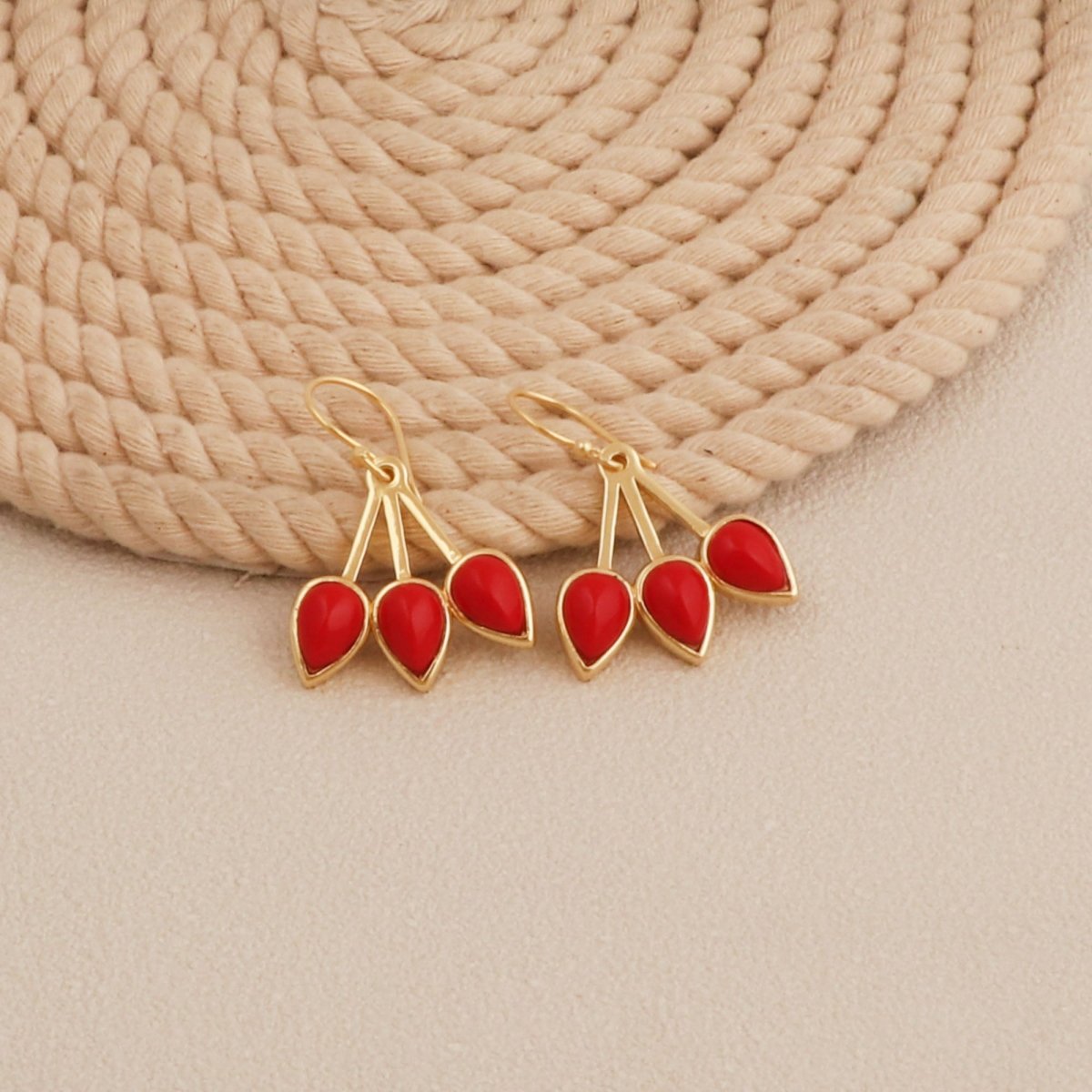 Handcrafted Red Coral Triple Leaf Hook Earrings, Gold Plated Bezel Set Jewelry CE - 1008