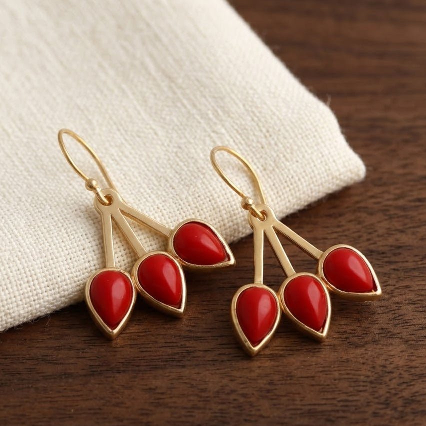 Handcrafted Red Coral Triple Leaf Hook Earrings, Gold Plated Bezel Set Jewelry CE - 1008