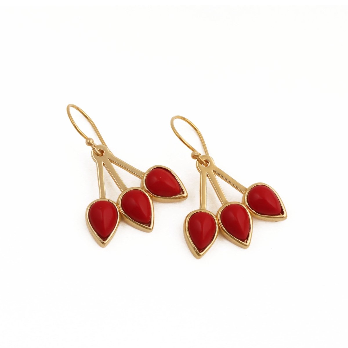 Handcrafted Red Coral Triple Leaf Hook Earrings, Gold Plated Bezel Set Jewelry CE - 1008