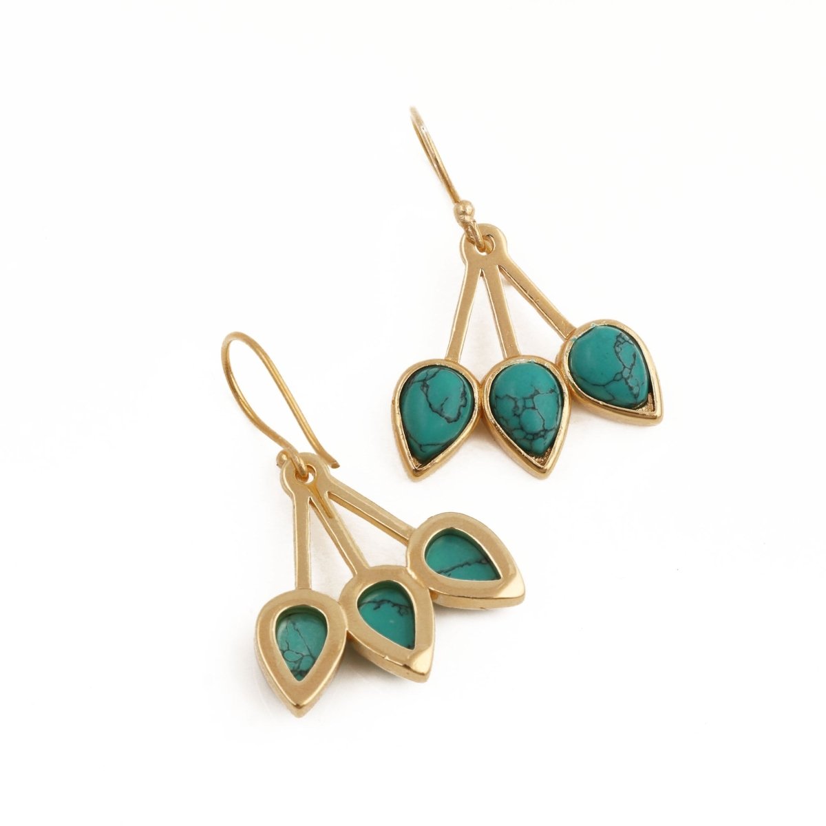 Handcrafted Red Coral Triple Leaf Hook Earrings, Gold Plated Bezel Set Jewelry CE - 1008