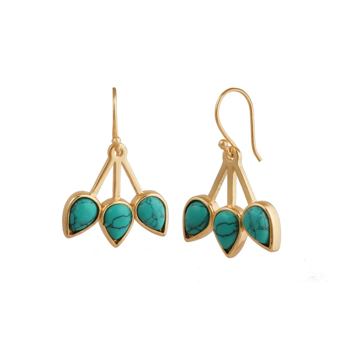 Handcrafted Red Coral Triple Leaf Hook Earrings, Gold Plated Bezel Set Jewelry CE - 1008