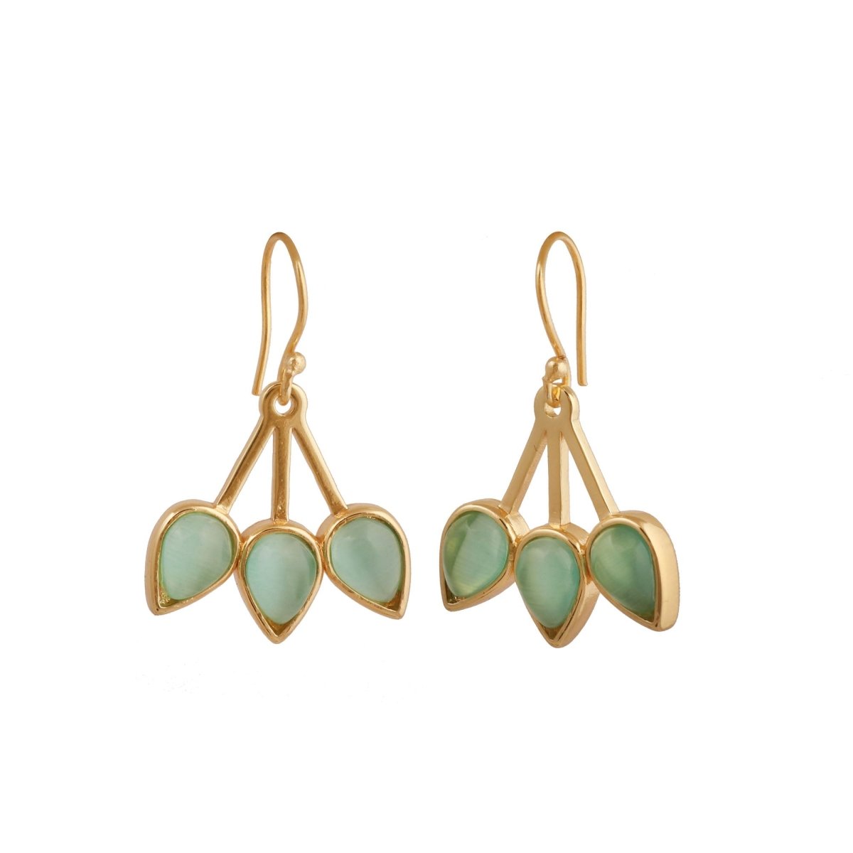 Handcrafted Red Coral Triple Leaf Hook Earrings, Gold Plated Bezel Set Jewelry CE - 1008