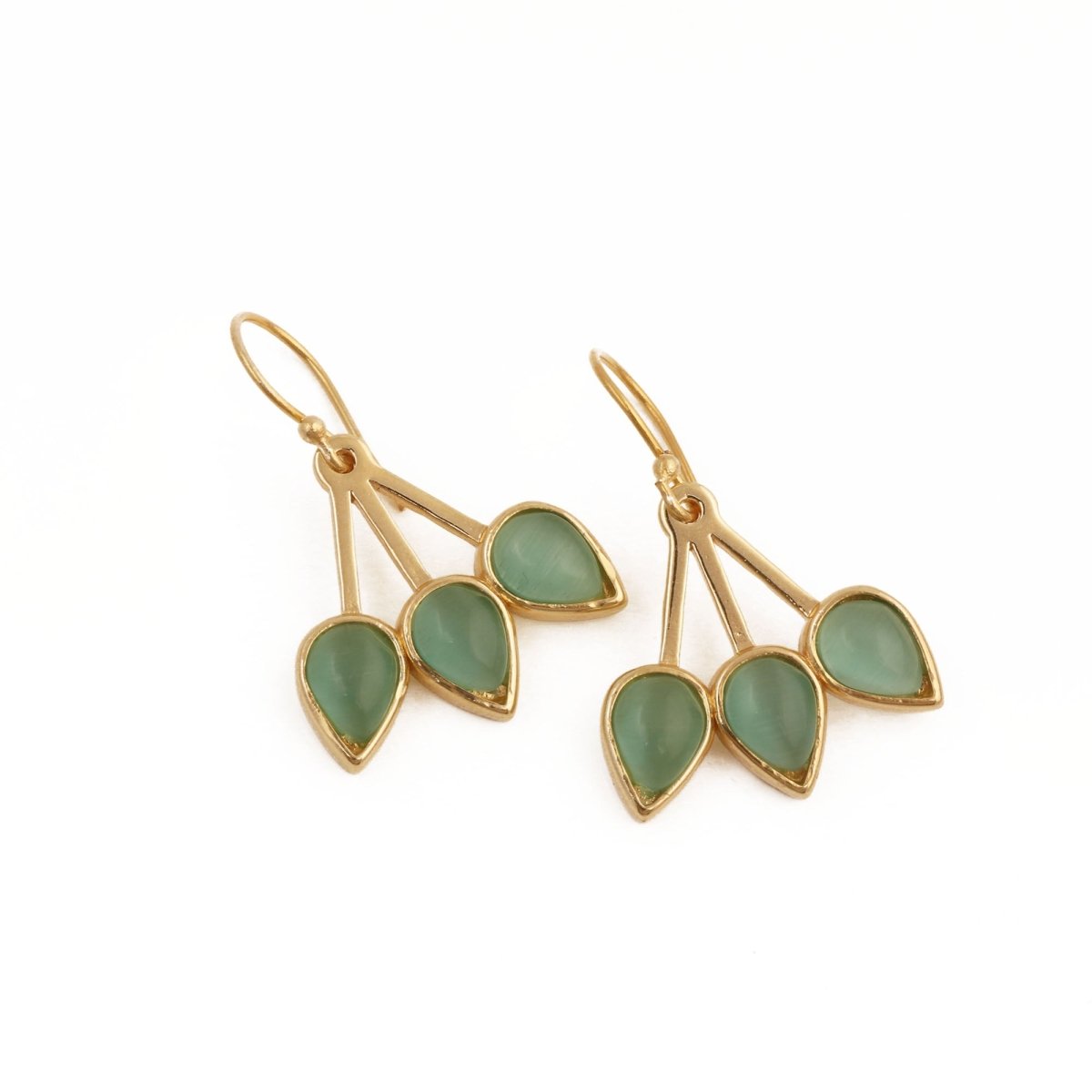 Handcrafted Red Coral Triple Leaf Hook Earrings, Gold Plated Bezel Set Jewelry CE - 1008