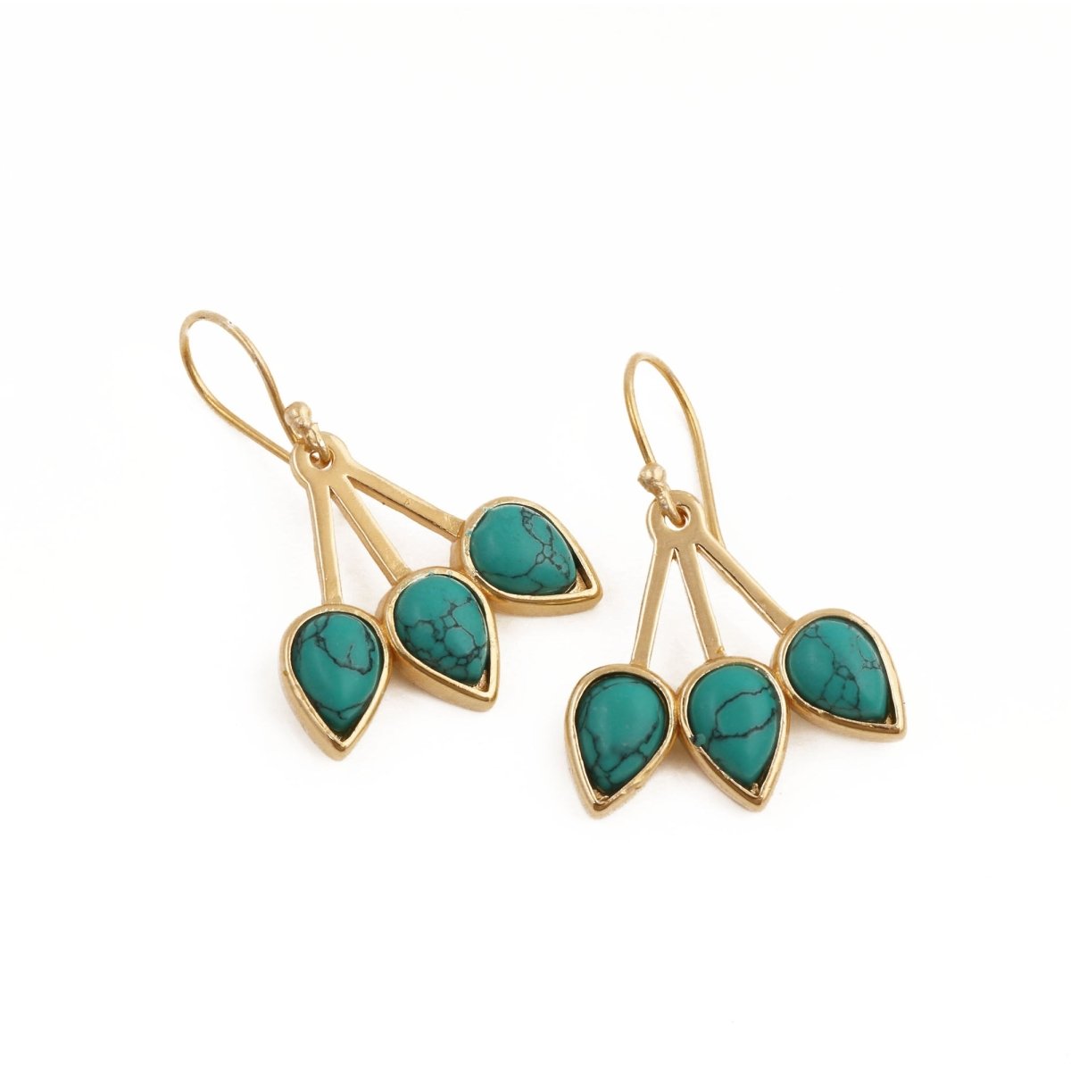 Handcrafted Red Coral Triple Leaf Hook Earrings, Gold Plated Bezel Set Jewelry CE - 1008