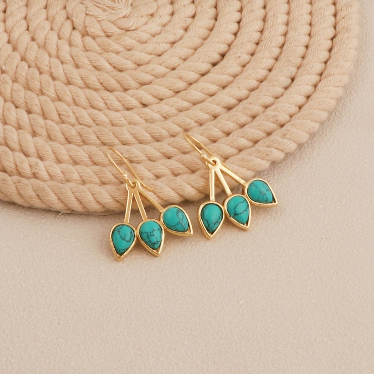 Handcrafted Red Coral Triple Leaf Hook Earrings, Gold Plated Bezel Set Jewelry CE - 1008