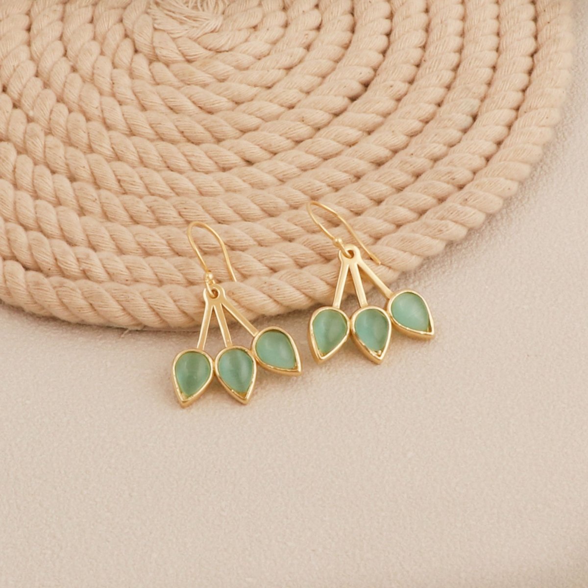 Handcrafted Red Coral Triple Leaf Hook Earrings, Gold Plated Bezel Set Jewelry CE - 1008