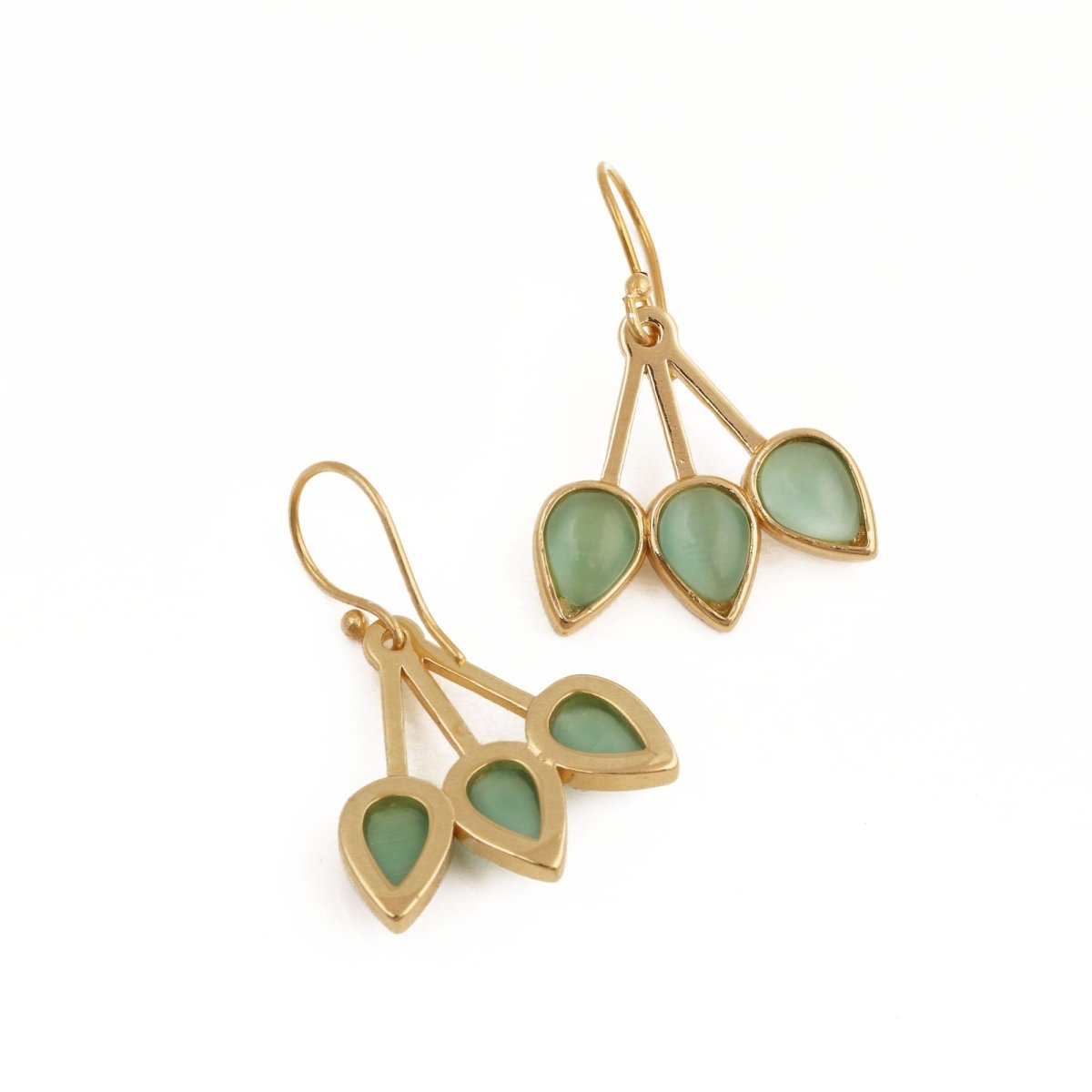 Handcrafted Red Coral Triple Leaf Hook Earrings, Gold Plated Bezel Set Jewelry CE - 1008