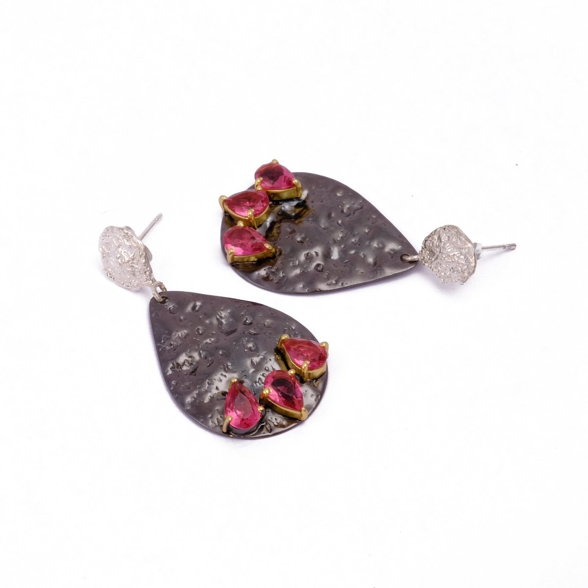 Handmade Black Textured Teardrop Earrings with Pink Gemstones – Statement Dangle Earrings